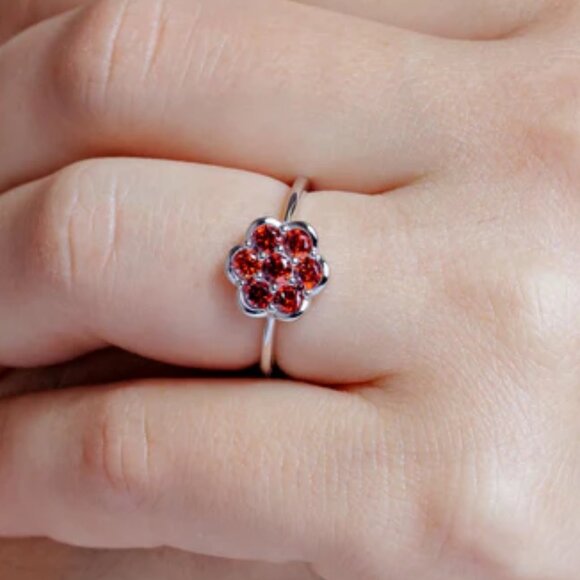 Sterling Silver 925 Rhodium Plated Flower Ring with Red CZ